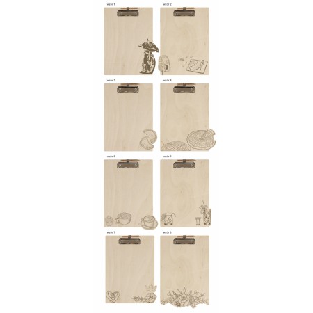 1822-126-444 Podkład z klipem do A4, sklejka, z uchwytem na długopis, z grawerem - wszystkie wzory