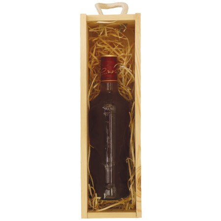 1822-126-425 Skrzynka na wino, alkohol, butelkę - ażurowa z grawerem - przód z przykładową butelką