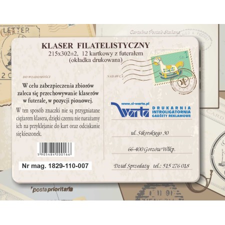 1829-110-007 Klaser filatelistyczny 215x302, 12k, z futerałem, okładka drukowana - ulotka informacyjna